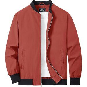 Men's Orange Red Lightweight Casual Style Bomber Jacket Golf Coat Zip Up Pockets